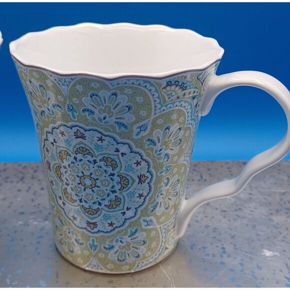 222 Fifth Lyria Teal Paisley Medallion Coffee Mugs Set Of 4 Porcelain Scalloped - Picture 12 of 14